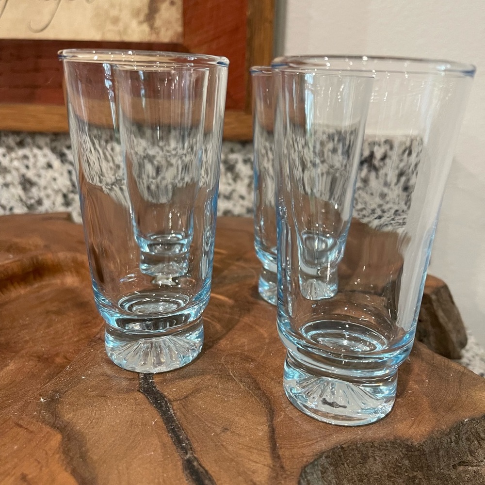 Mid Century Blue Tinted Shot Glasses Star Cut Bottom Set of 4 Stunning 4.25”.